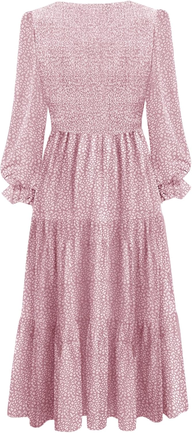 CzzzyL Women's Nursing Dress Flounces Long Sleeve Crew Neck Smocked Bodice Ruched Elastic Waist Tiered Midi with Pockets