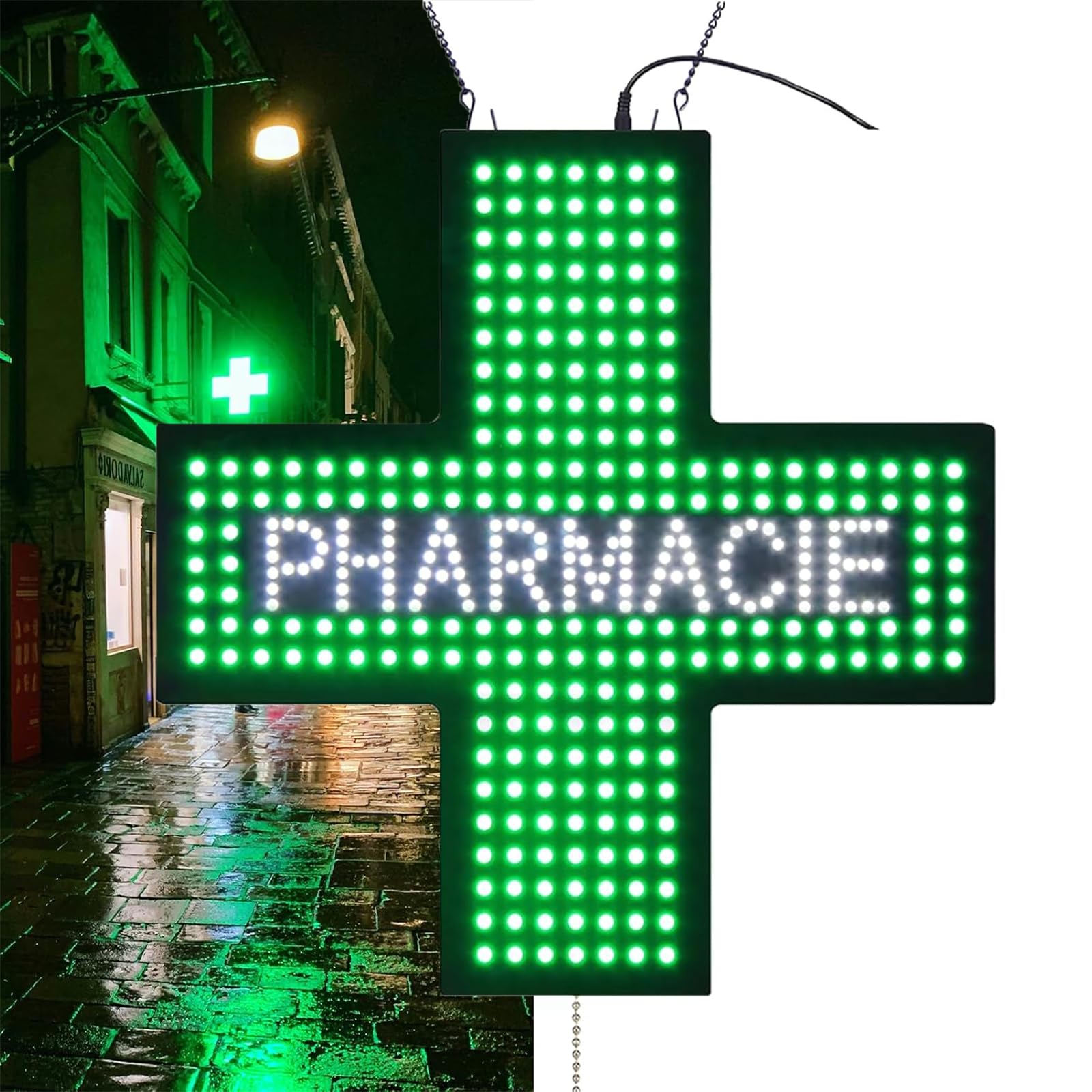 60 x 60 cm LED medyczny znak krzyżowy, 13 W billboardy medyczne z wiszącym metalowym łańcuchem, kabel adaptera 150 cm, 3 tryby świecenia, wysoka jasność i oszczędność energii, do szpitali, aptek