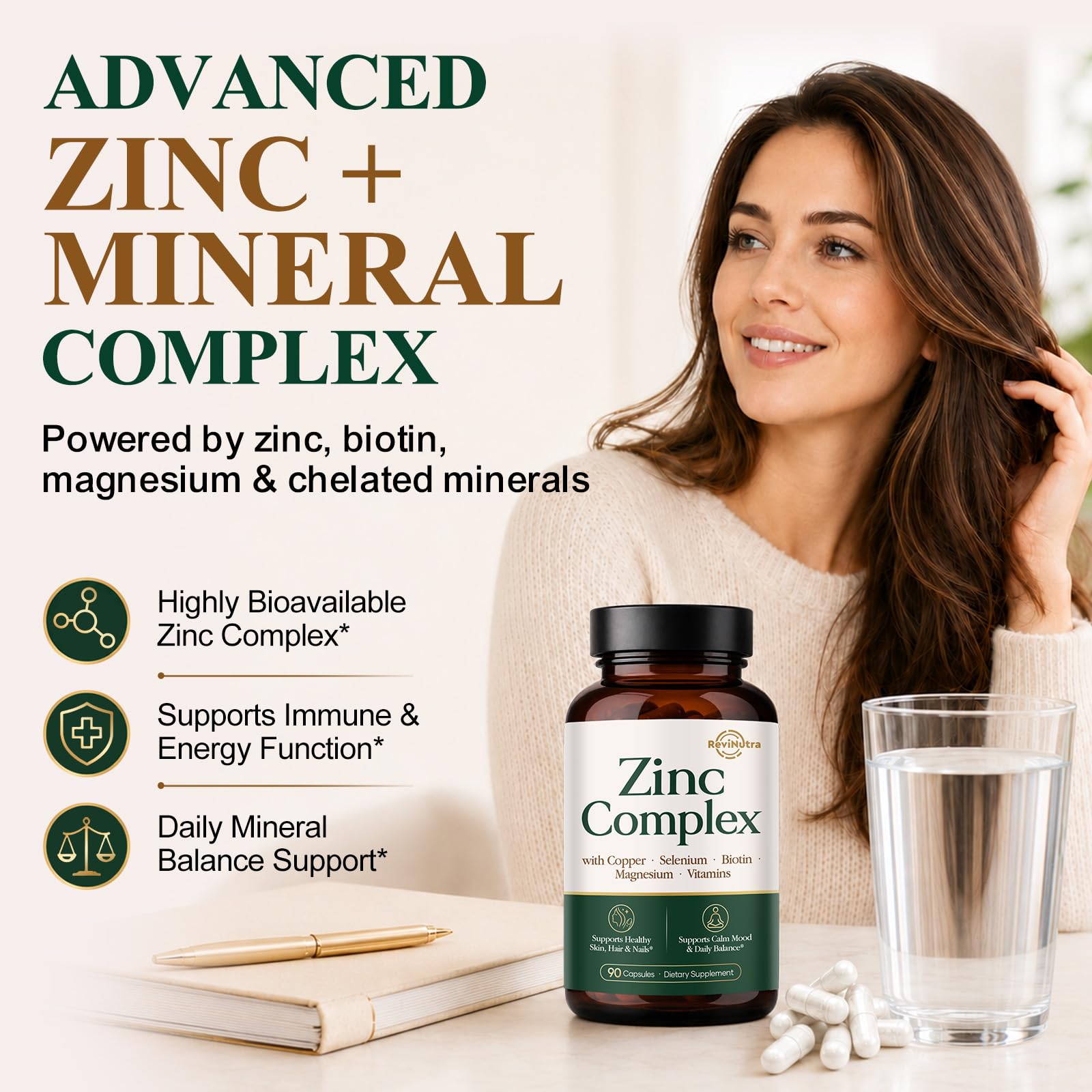 Zinc 30mg with Copper, Selenium, Magnesium, Vitamin C, D3, K2, B6, B12, Biotin & Folate - Chelated Zinc Complex for Women & Men - Immune, Hair, Skin, Nails & Daily Wellness Support - 90 Capsules — Amazon image 3