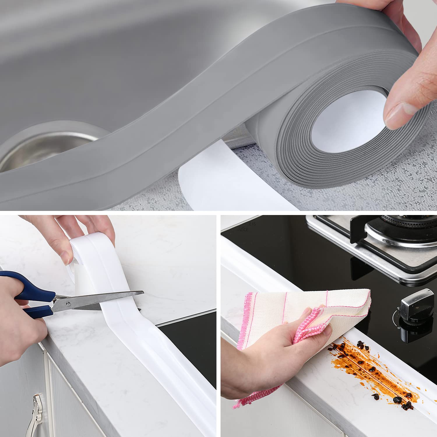2 Rollos Cinta Selladora Autoadhesiva,Cinta de Calafateo Impermeable para Fregadero de Cocina Baño Bañera Juntas de Pared (gris)