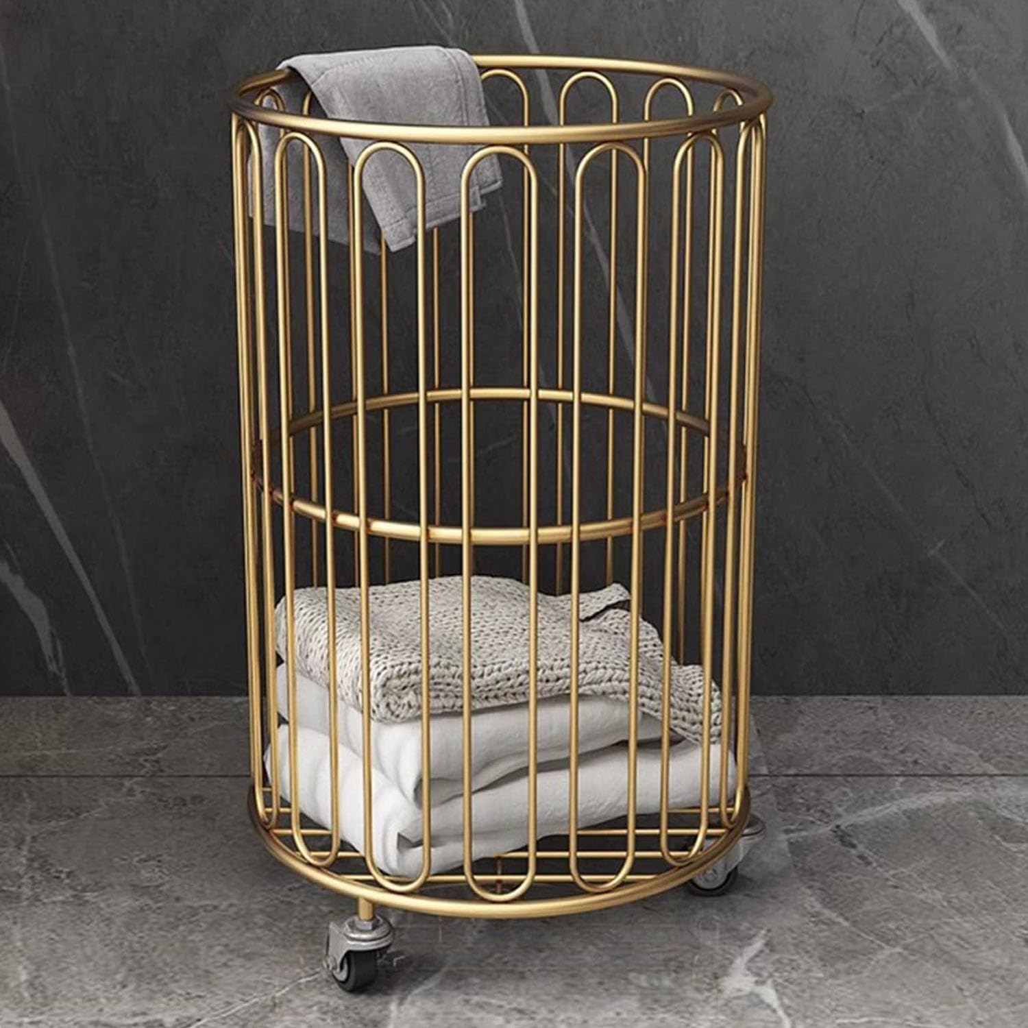 Metal Laundry Basket with Wheels,Rolling Laundry Hamper,Wrought Iron Toy Storage Box-Kitchen Storage Basket-Clothes Storage Organization Bin (Color : Gold)……