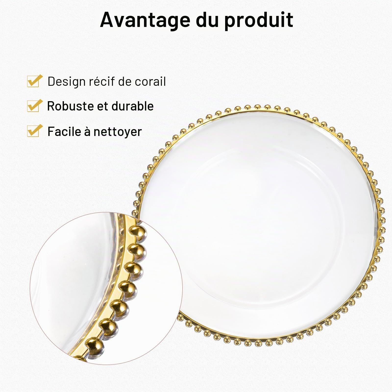 sourcing map Lot de 12 assiettes de présentation rondes en plastique transparent de 33 cm avec bordure perlée pour fête de mariage, événement, décoration de table, doré