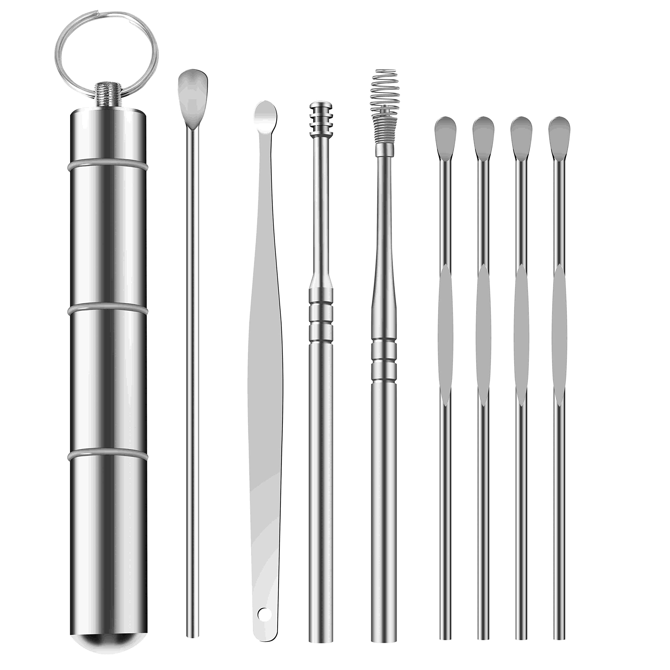 Ear Wax Removal Tools, 8 in 1 Ear Cleaner Kit, Ear Pick Tools Stainless Steel, Include Spring Ear Wax Cleaner Tool Set, Three Sizes of Ear Spoons and Two Kinds Cleaning Tools (Silver)
