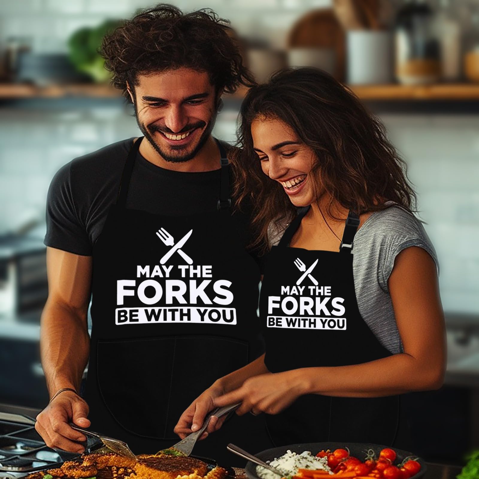 LINEN CLOSET® Bbq Apron for Men Funny Aprons Chef Grilling Novelty Barbecue Aprons Kitchen Cooking Gift Black Apron with 2 Pockets-May The Forks Be with You - Image 4