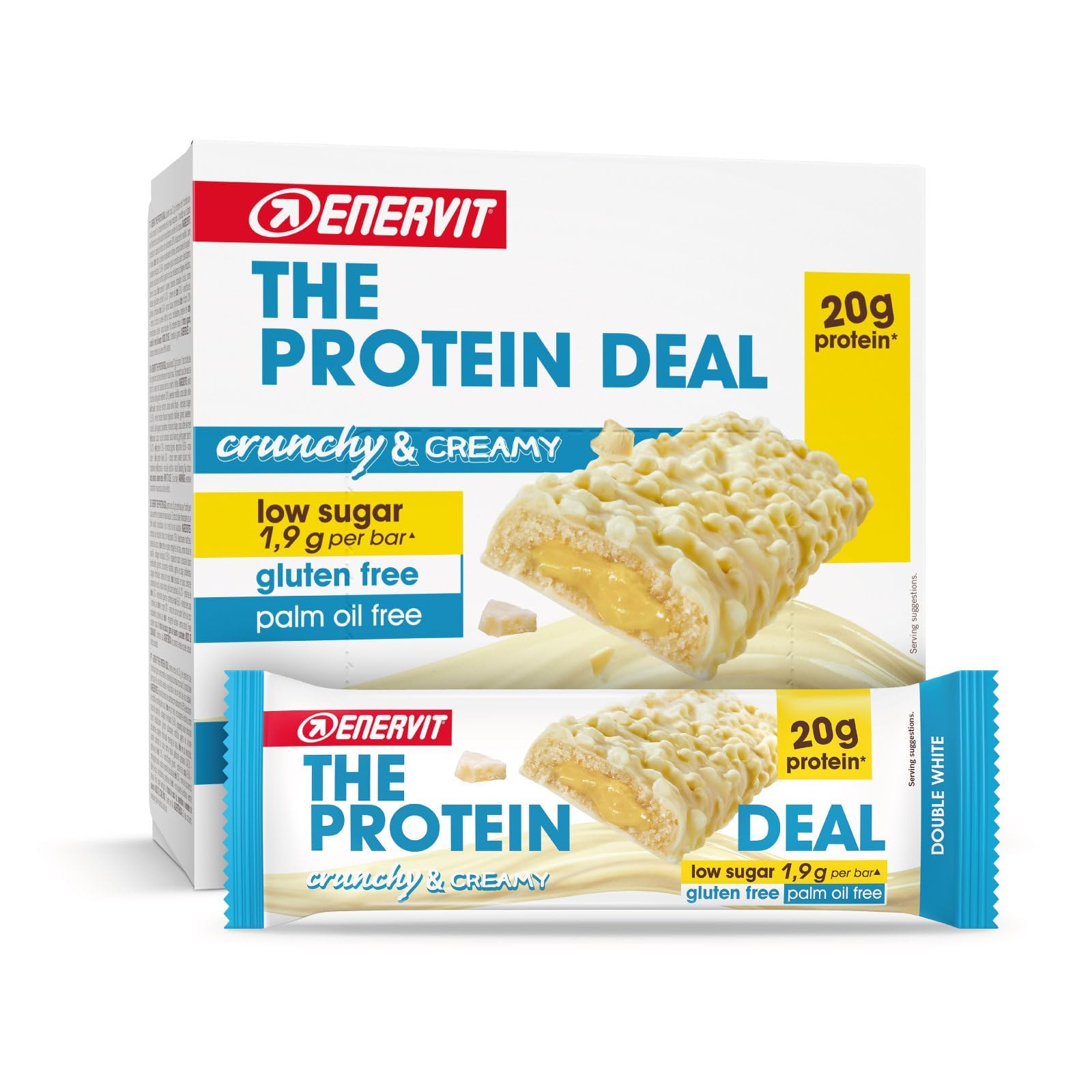 Enervit The Protein Deal Double White – Proteinriegel, weißer Schokoladengeschmack mit zartem Kern, 20 g Protein, 1,9 g Zucker, cremiger und gesunder Snack, Glutenfrei, 12 Riegel à 55 g