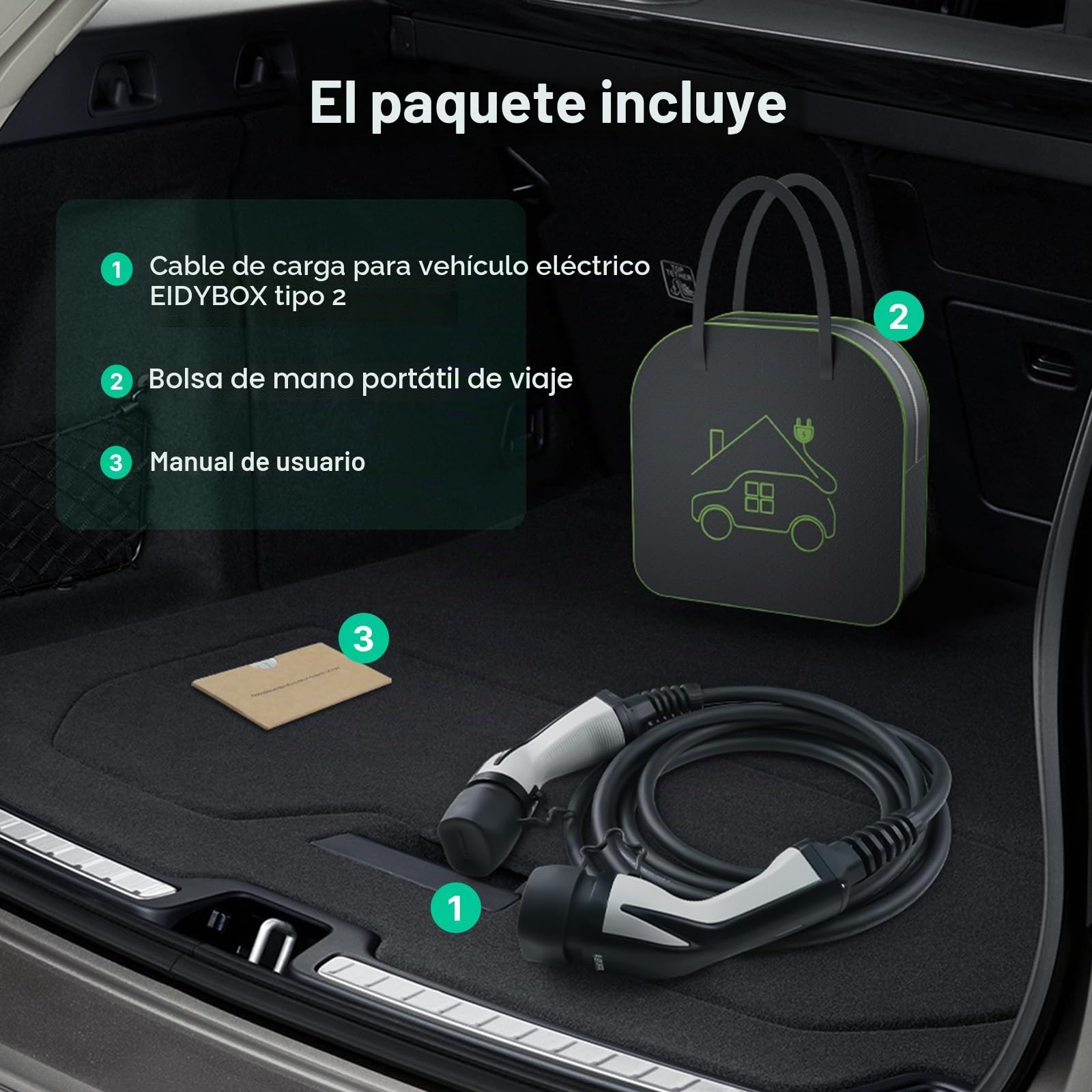 Cable de Carga EV Tipo 2 Cable Carga Coche Electrico Trifasico 32A 22KW 10M, con Bolsa, Compatible con el Model S/3/X/Y, ID.3, i3, Leaf, EQC, I-Pace, E-Tron