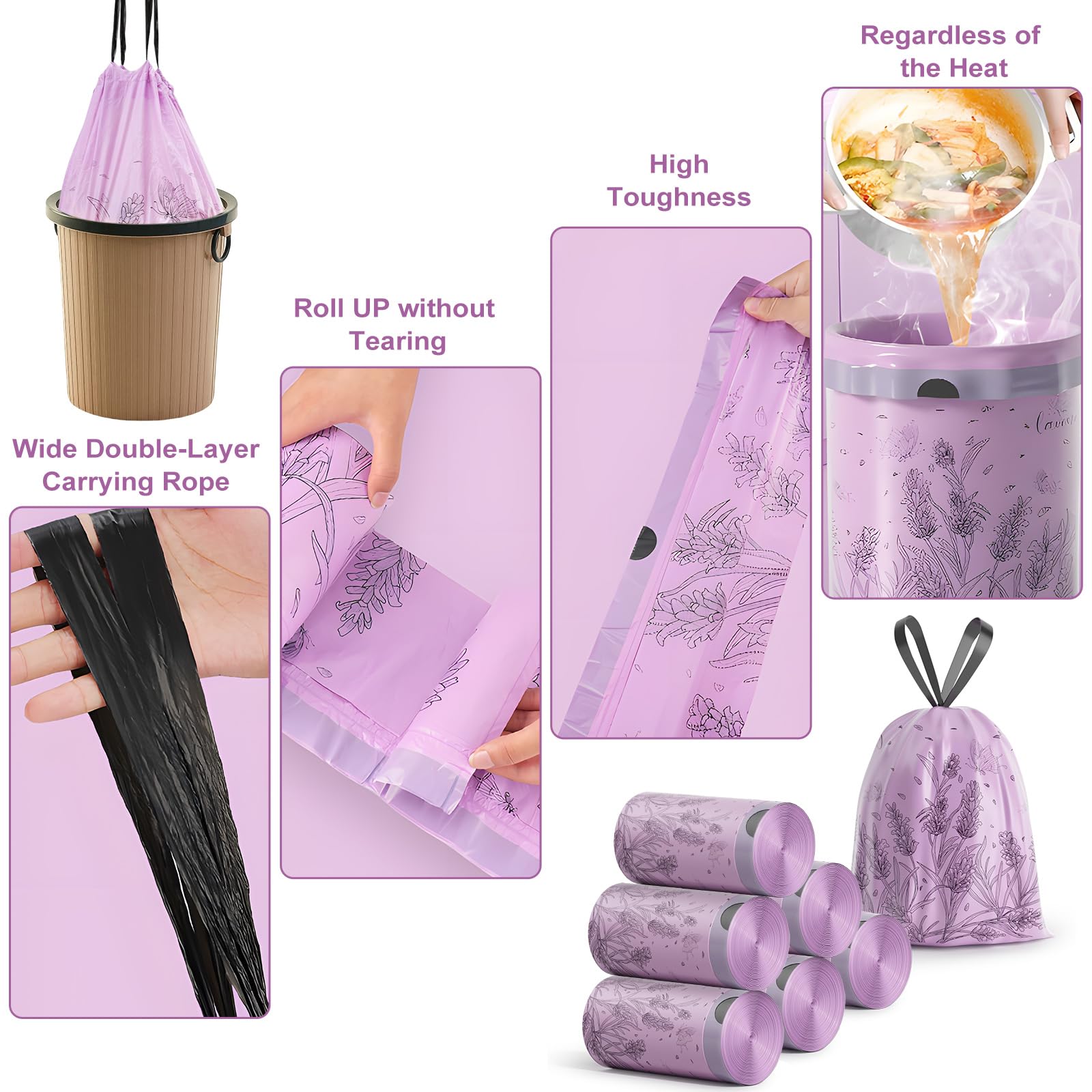 300 sacchetti per la spazzatura profumati alla lavanda, piccoli sacchetti per la spazzatura da 10-15 l, con coulisse, per casa, ufficio, cucina e bagno, lascia il bidone dell'oscillazione profumato di