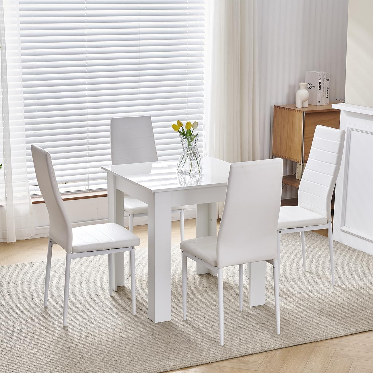 Redd Royal White Wood Dining Room Table and Chairs Set of 4 for Small Space, 5 Pieces Compact Square Kitchen Table with 4 Seater Chairs Space Saving (4 White Leather Chairs, White Table)