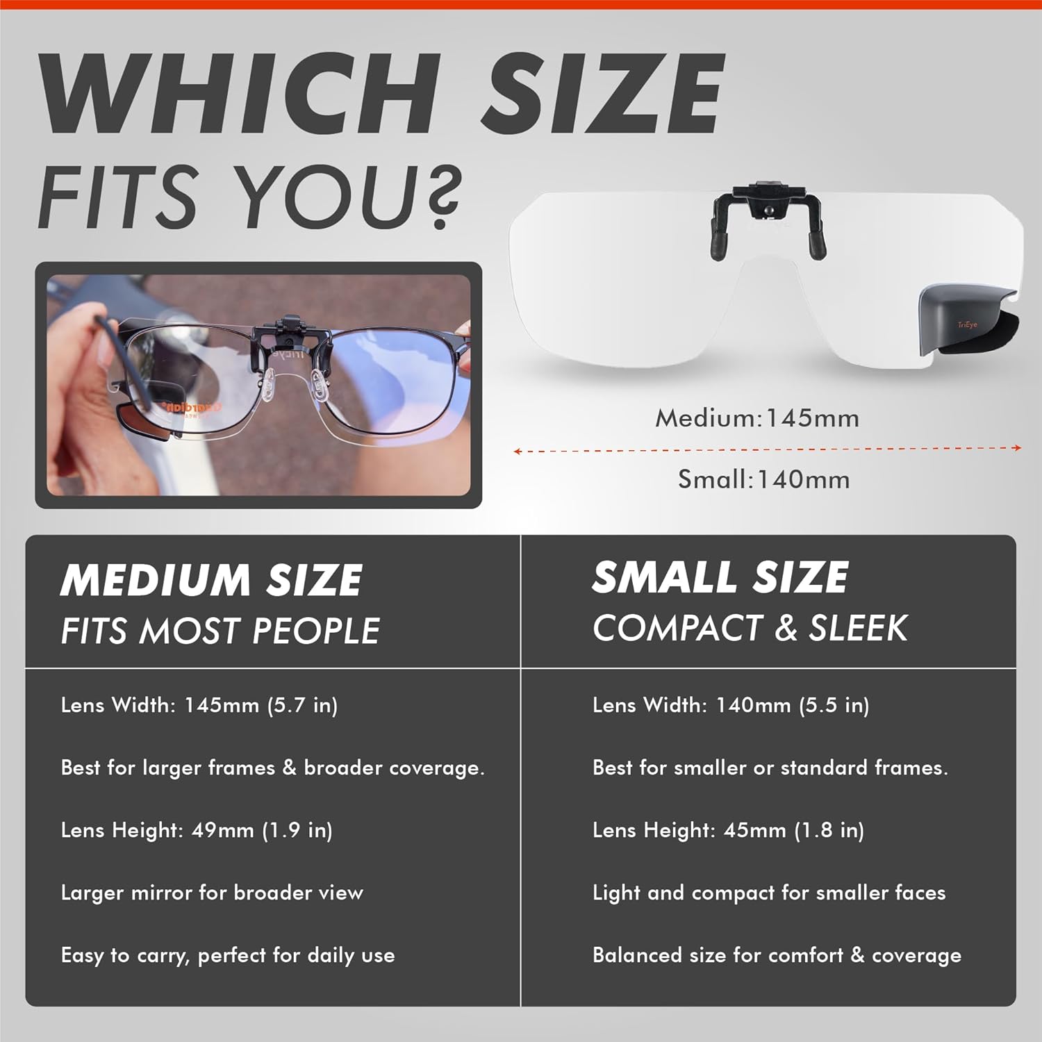 TriEye Clip-On Sunglasses Over Prescription Glasses with Rearview Mirror – Polarized or Clear Cycling Lenses 140 & 145 mm