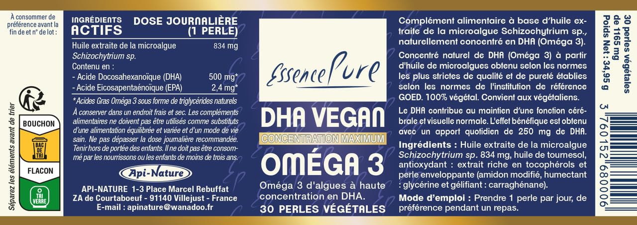 Oméga 3 Végane Essence Pure | 500 mg de DHA par Perle | Huile d'Algues Schizochytrium | Durable et 100% Végane | 30 Gélules Végétales | Api-Nature