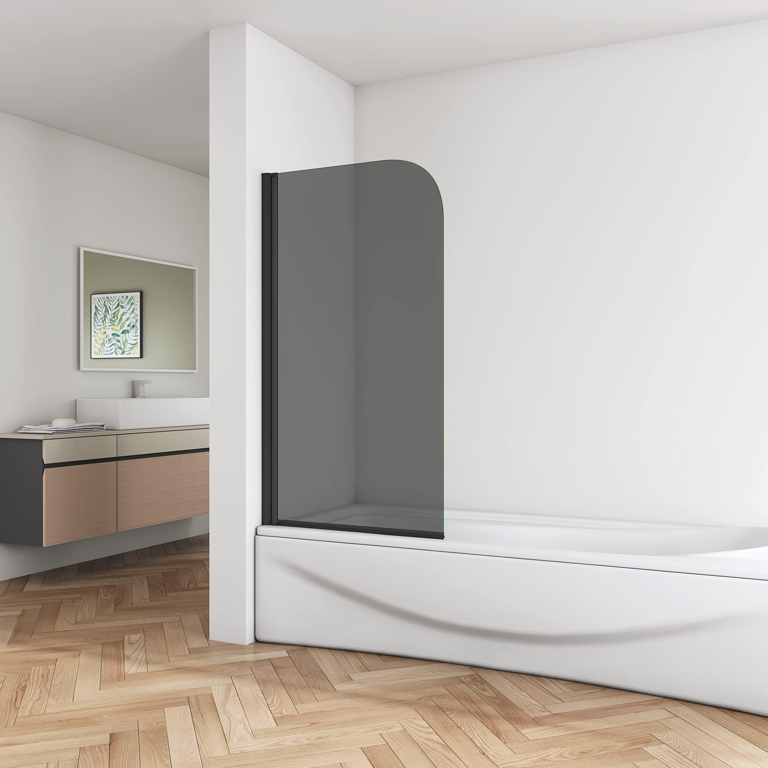 Biubiubath Pivot Matt Black Frame Dark Grey Bath Shower Screen Tempered Glass 800x1400mm