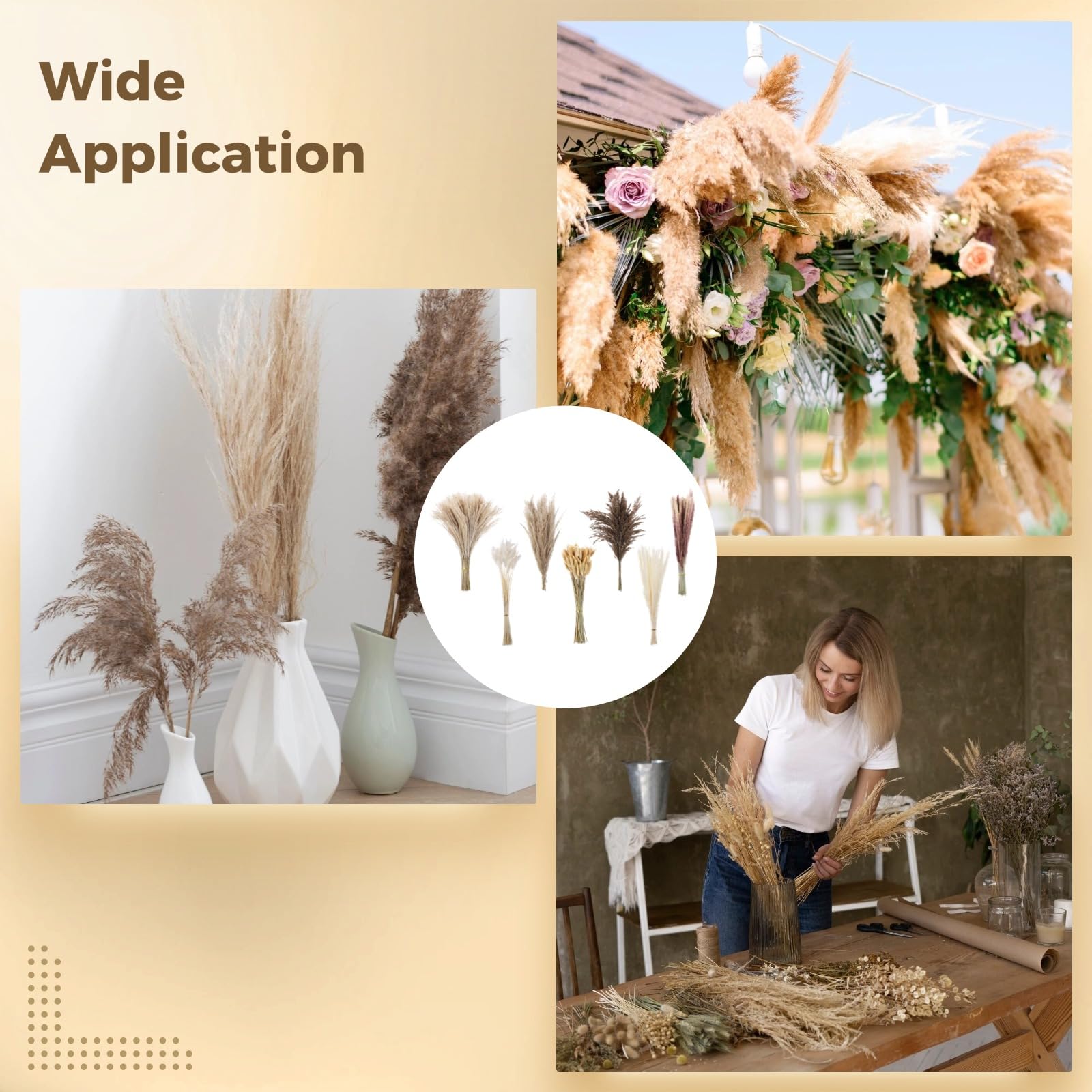 300 STK. Trockenblumenstrauß aus Pampasgras mit Eukalyptus und Bunny Tail Grass, in Weiß, Braun und Beige, Boho-Deko für Zuhause, ideal für Hochzeit, Tisch- und Wohnzimmerdekoration