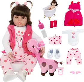 Boneca Bebê Reborn Menina Realista Siliconada com Girafinha Rosa e Roupas Luxo 48 cm Pode Tomar Banho