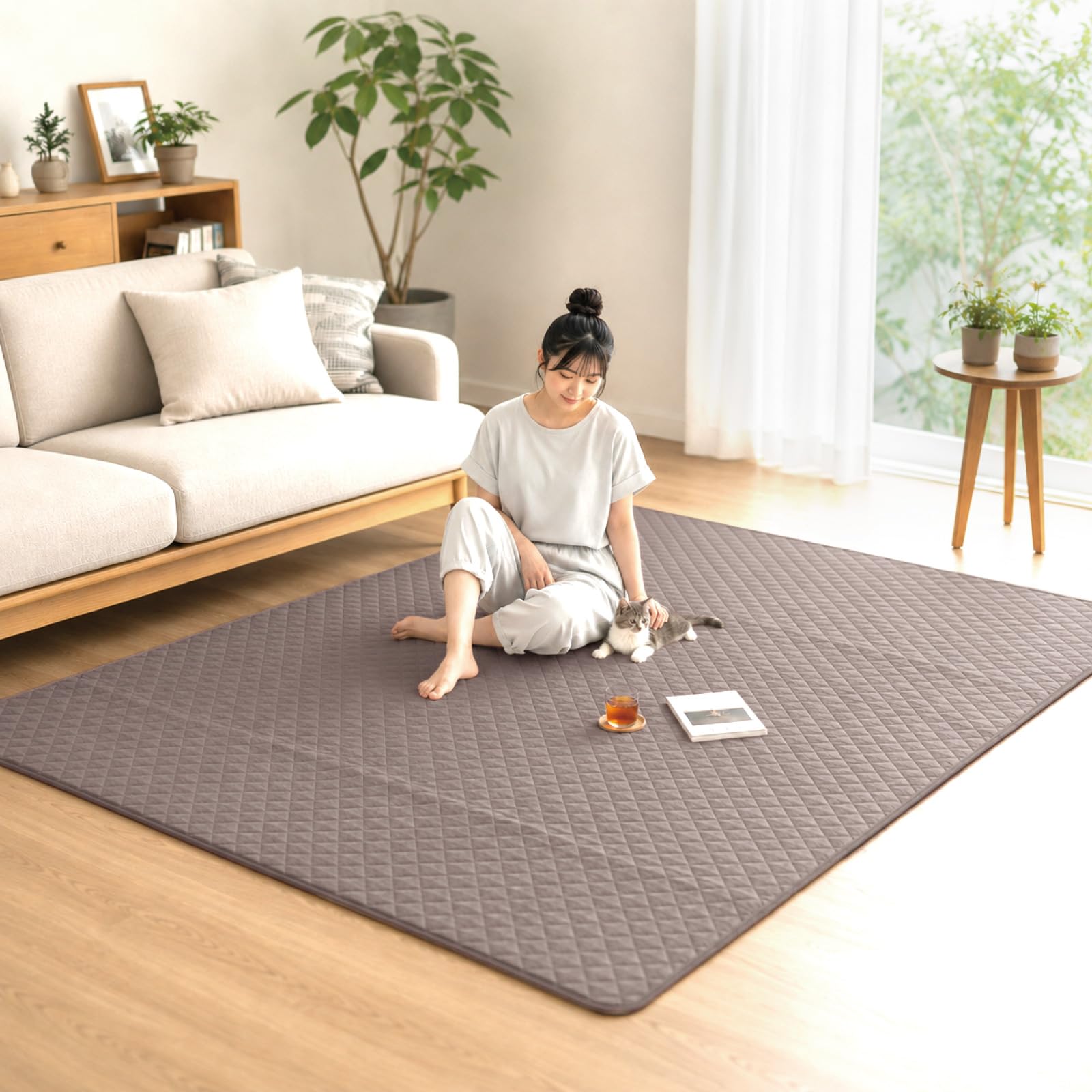 StorePocket ラグ カーペット ラグマット 洗える 3畳 おしゃれ キルト 冷感ラグ Q-MAX 0.4 約180×230cm ブラウン 夏 ひんやり 接触冷感 軽量 北欧 無地 杢調 ジーナ