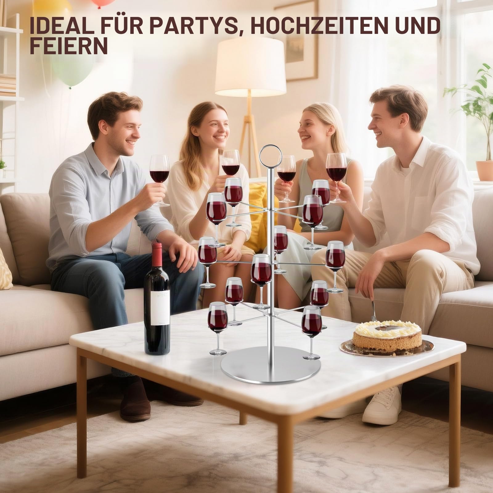 MOCOBO 3-Etagen Champagnerturm-Ständer für 12 Gläser – Silberner Metall-Cocktailbaum-Rack, Weinglas-Displayhalter für Partys, Hochzeiten, Bars, Martini & Aperol Getränke