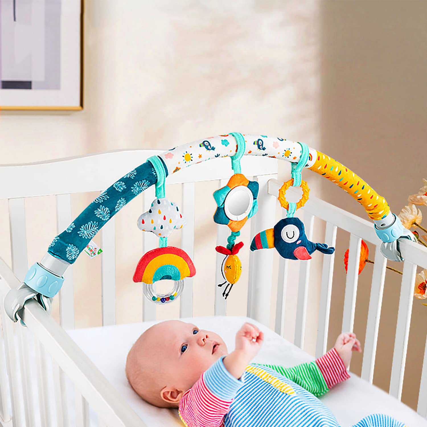 caterbee Barre de Jouets pour balançoire pour bébé, Jouet pour Poussette, Accessoire pour lit bébé et Barre d'activité pour Landau. Arche de Voyage, Jouets pour Berceau pour Tout-Petits.(Sky)