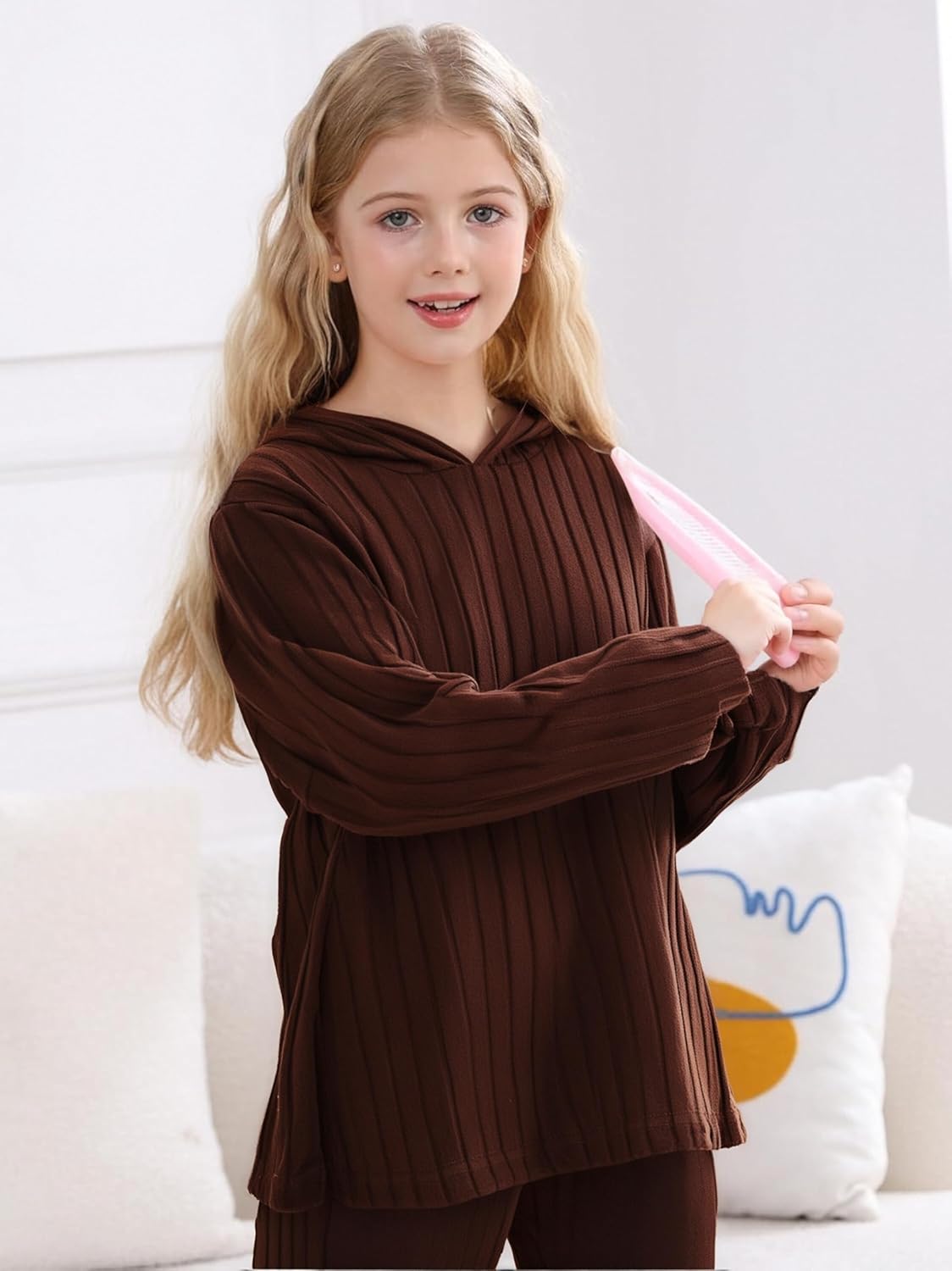 Girls Clothes Solid Color Long Sleeve Hoodie Top + Pants 2PCs Girls' Fall Clothing Sets - Image 2