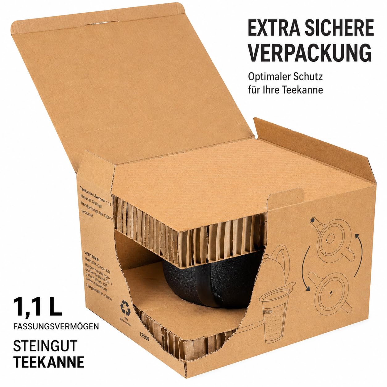 Urban Lifestyle Teekanne mit Siebeinsatz, Keramik Teekanne 1,1 L Schwarz mit Edelstahl Teefilter 304, extra fein, Teapot für losen Tee und Teebeutel, tropffrei, spülmaschinenfest