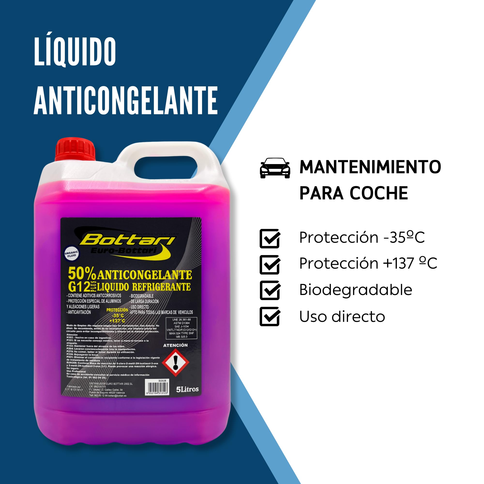 AUTOZOCO Anticongelante, liquido refrigerante Motor, Líquido refrigeración, Líquido anticongelante, Anticongelante Coche, Protección -35ºC y 137ºC, Capacidad 5 litros, 50% G12+, Color Rosa