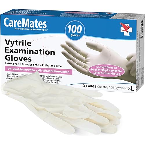 CareMates Vytrile Medical Exam Gloves, Latex Free Rubber, Powder Free, Extra Strong, 4 Mil Thick, Certified for Home Infusion, First Aid, Food Safe, Cleaning Gloves, X-Large, 100 Count