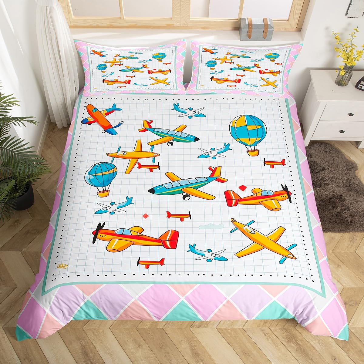 Aircraft Kids Comforter Cover Cartoon Airplane King Duvet Cover for Boys Girls Teens Bedroom,Lattice Watercolour Geometric Bedding Set Hot Air Balloon Decor Bed Cover,White Pink