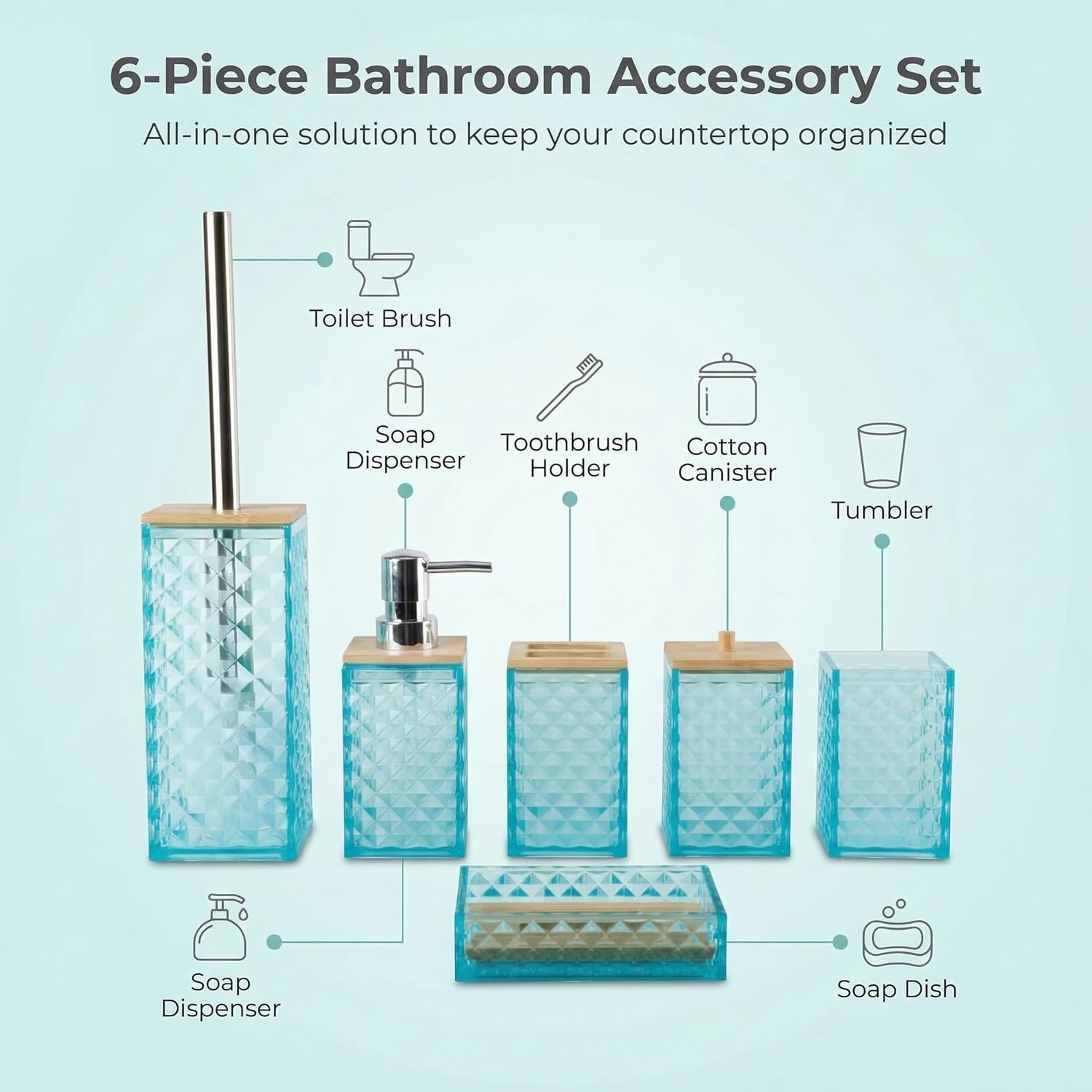 Light Blue Bathroom Accessory Set, 6 PCS Light Blue Bathroom Accessories Set, Soap Dispenser, Toothbrush Holder, Soap Dish, Mouthwash Cup, Cotton Swab Holder and Toilet Brush, Acrylic