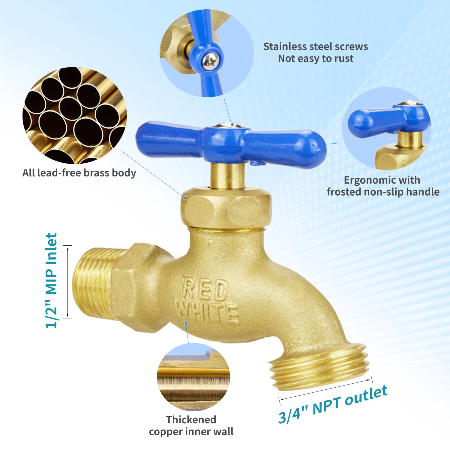 TMOK Robinet de jardin extérieur à débit complet – Entrée MIP 1/2" x sortie MHT 3/4" en laiton robuste, facile à installer, contrôle de l'eau multi-tours, comprend du ruban en téflon et des rondelles