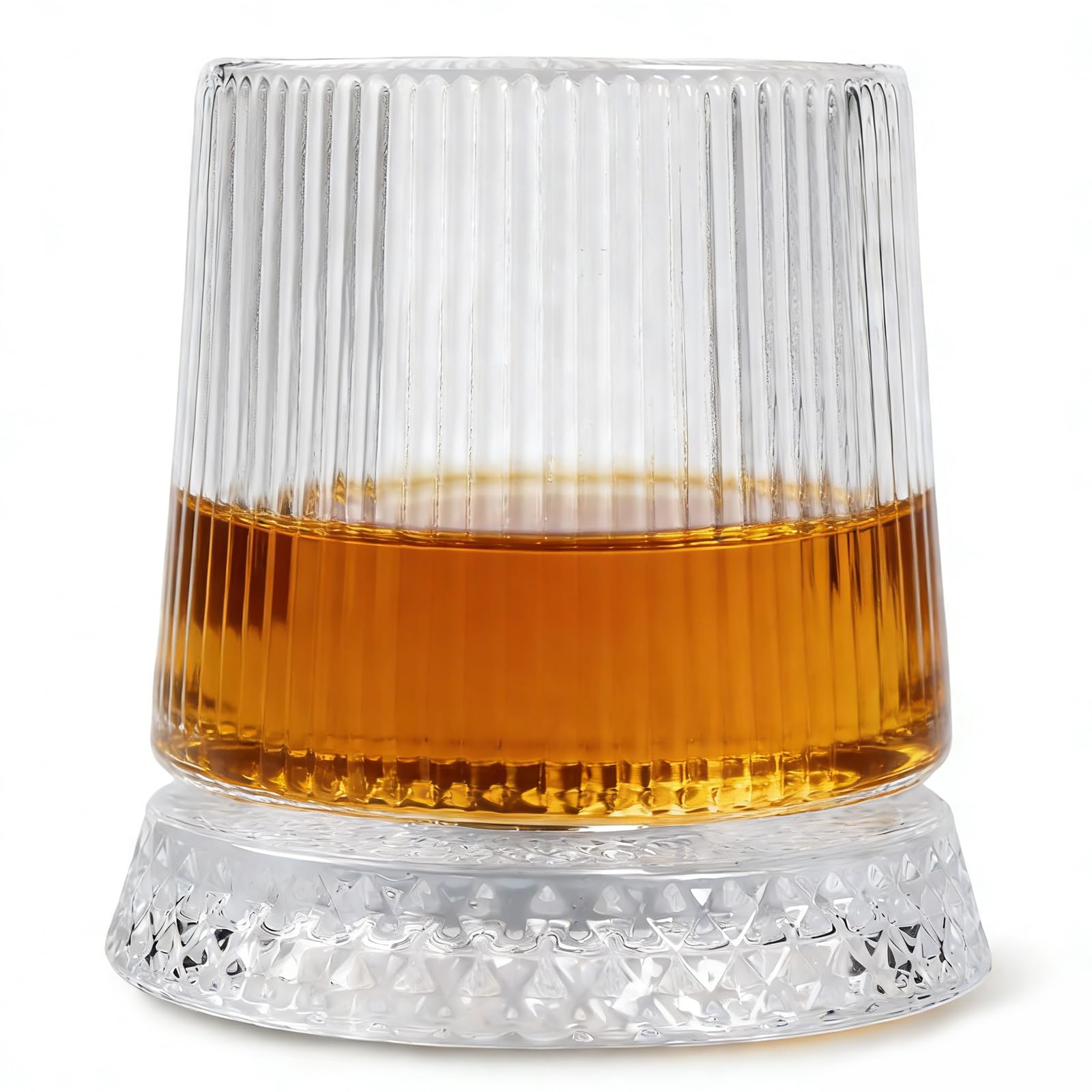 Spinning Whiskey Glass, Crystal Cut Design Rotating Tumbler with Decorative Base (Vertical stripes)
