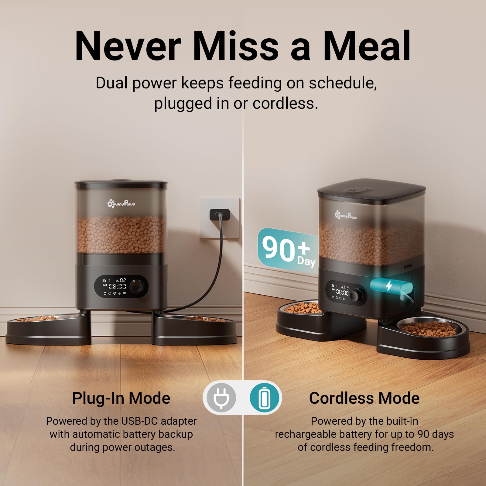 DownyPaws Distributeur Croquettes Chat Automatique, sans Fil avec Minuterie
