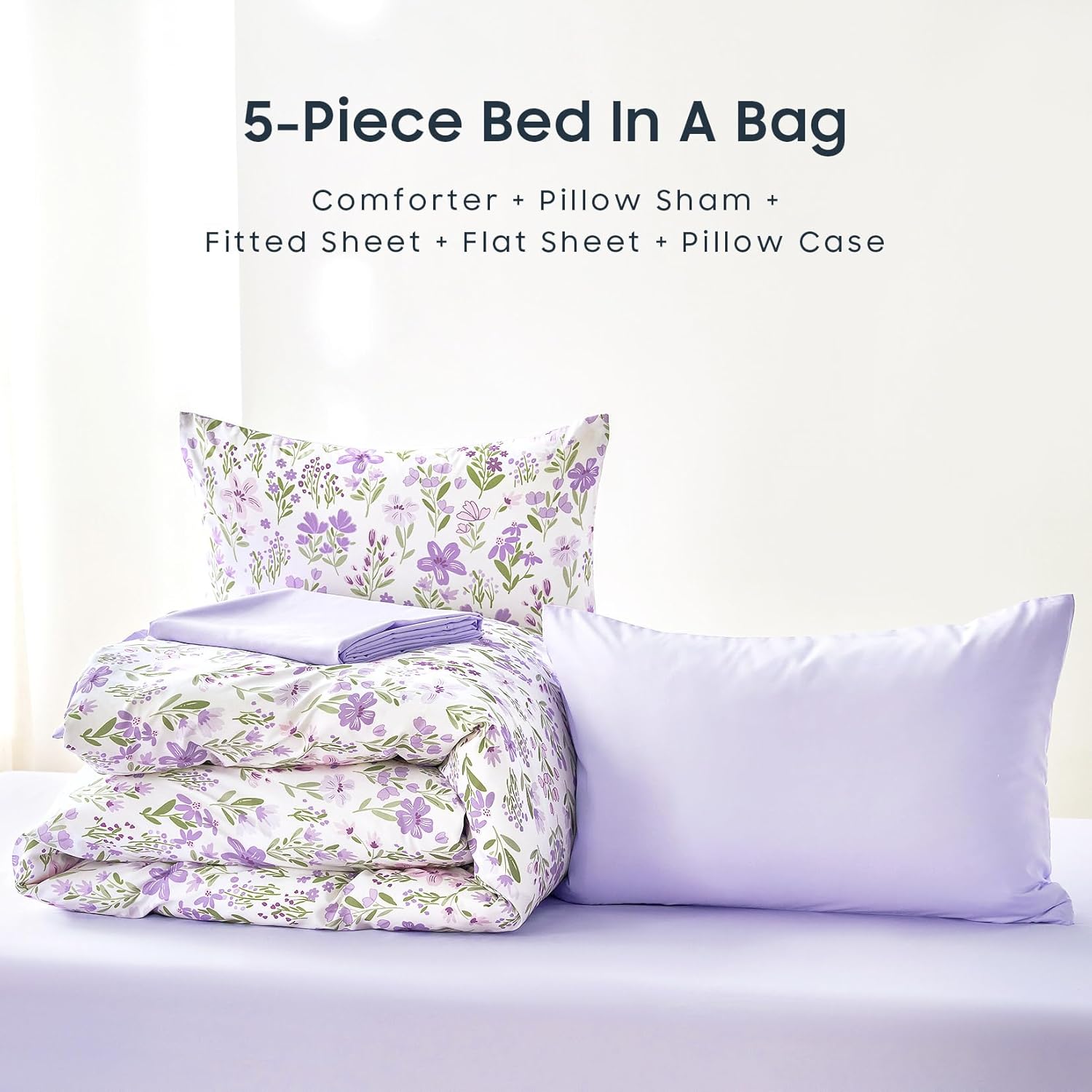 Wake In Cloud - Floral Bedding Set for Girls, Cute Colorful Botanical Flowers Patterned Soft Lightweight Comforter Set with Sheets, 5 Pieces Kids Bed in a Bag, Purple White, Twin Size