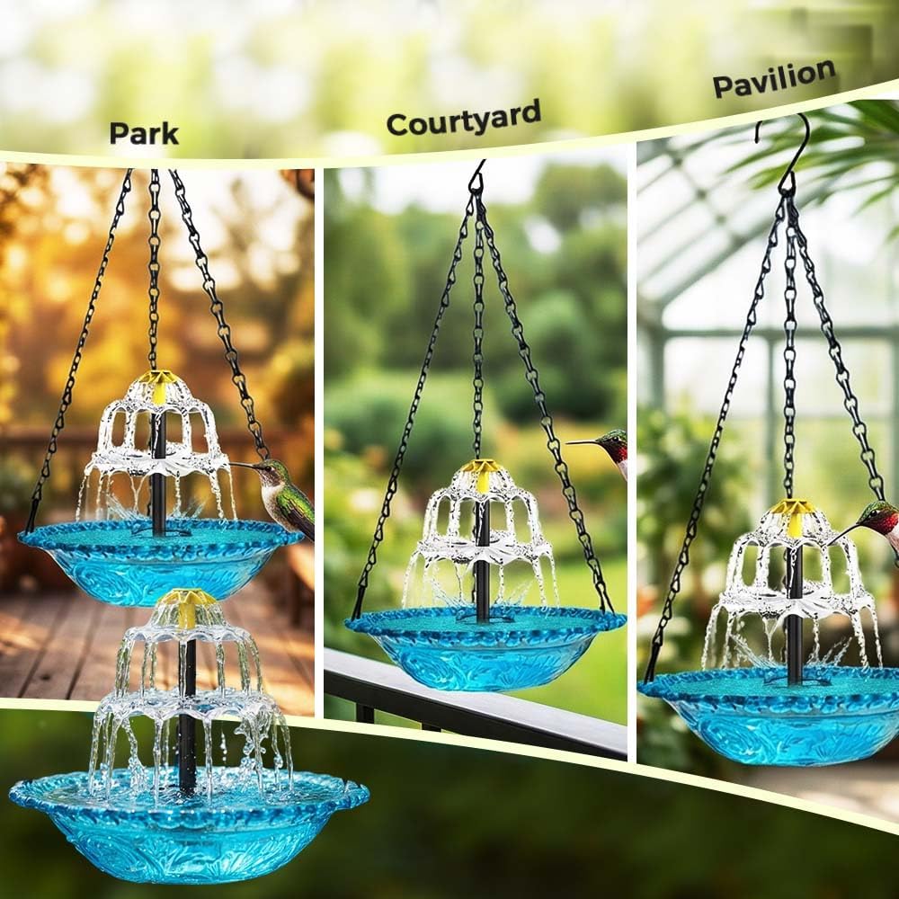 Pipihome Vogeltränke Hängend, Vogeltränke mit Solar Springbrunnen, 3 Stufig Solarbetriebenes Vogelbad mit Metallketten zum Aufhängen für Garten Hof Terrasse Lockt Vögel