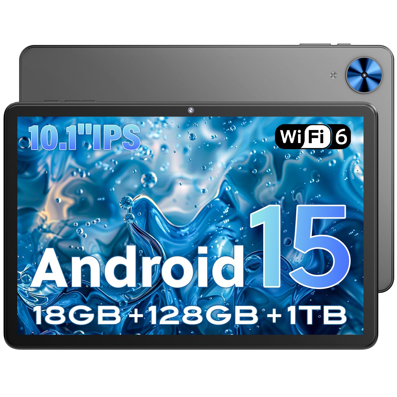 Tablet Android 15 10.1 Pulgadas, 18GB RAM (6+12) 128GB, T30 Octa-Core, 1TB TF, Widevine L1, Pantalla IPS HD, 6000mAh, WiFi 2.4/5G, Face ID, GMS, Cámara Dual, Gris