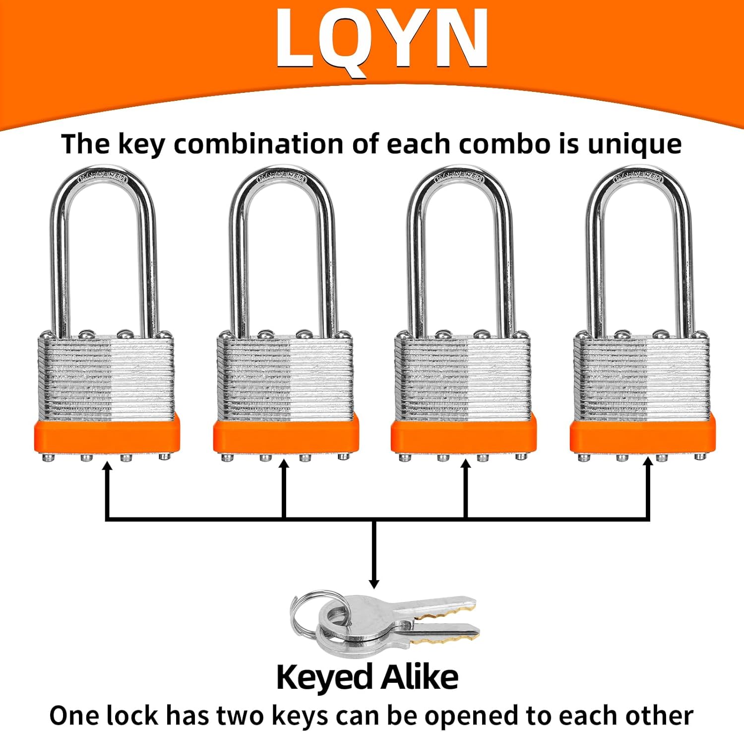 Padlocks with Same Key, LQYN 24 Pcs Laminated Keyed Padlock (1-9/16", 40mm), Keyed Alike Locks, Long Shackle, for Storage Locker, Hasp Latch, Toolbox, Sheds