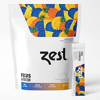 Zest Caffeine, L-Theanine, & Alpha GPC - Focus & Electrolyte Hydration Powder - Pineapple Blueberry - Mix w/Water - 14 Packets - Nootropic Brain Booster Supplement Drink - Low Sugar Liquid Enhancer