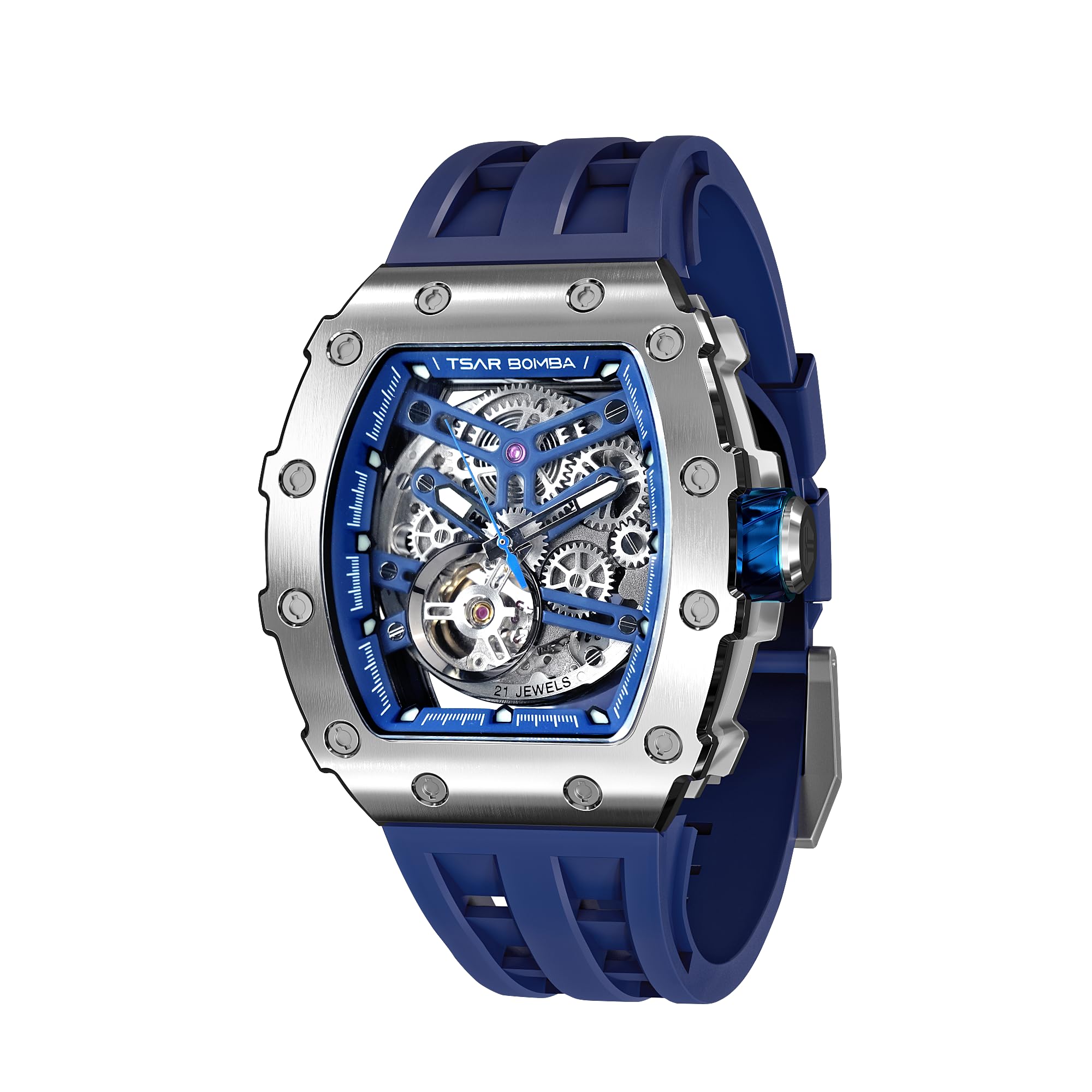 Men's Automatic Watch Tonneau Luxury Skeleton Watches for Men Mechanical 50M Waterproof Analogue Watches Mens Unique Cool Silver Square Big Face Dial Wristwatch with Silicone Strap Band