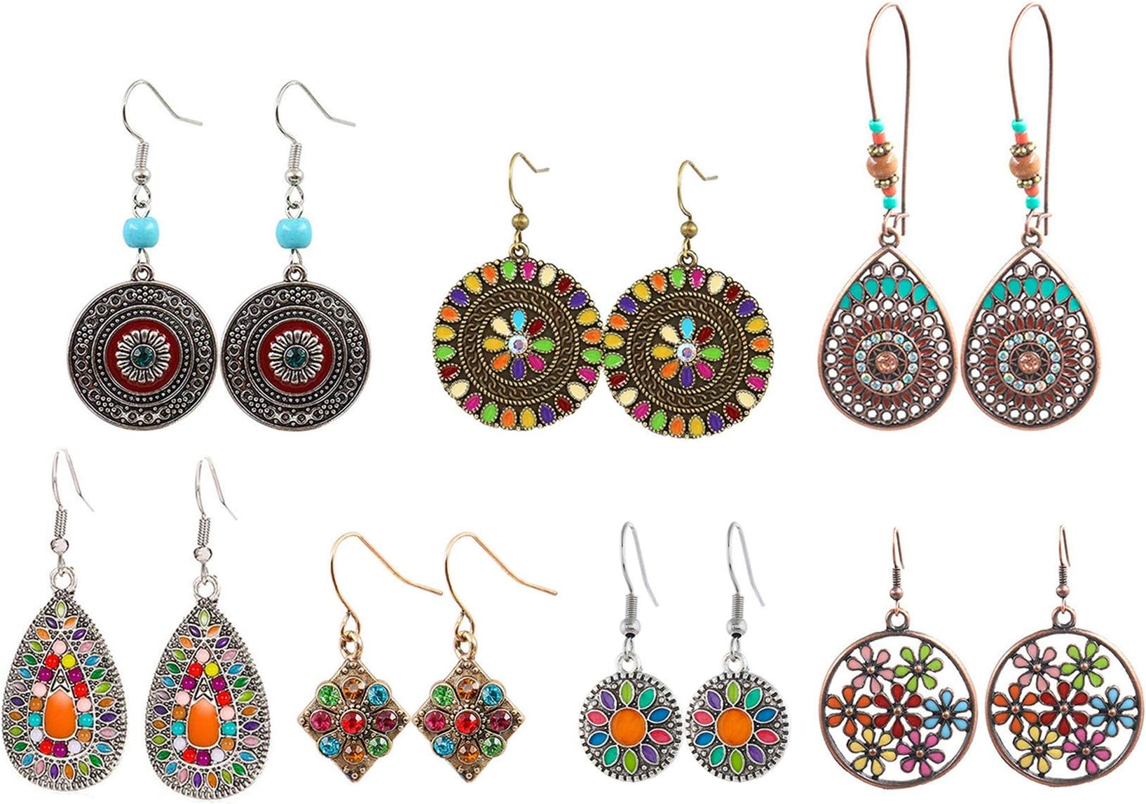LAIMALA 7 Pairs Bohemian Vintage Dangle Earrings Retro Rhinestone Dangle Drop Earrings for Women