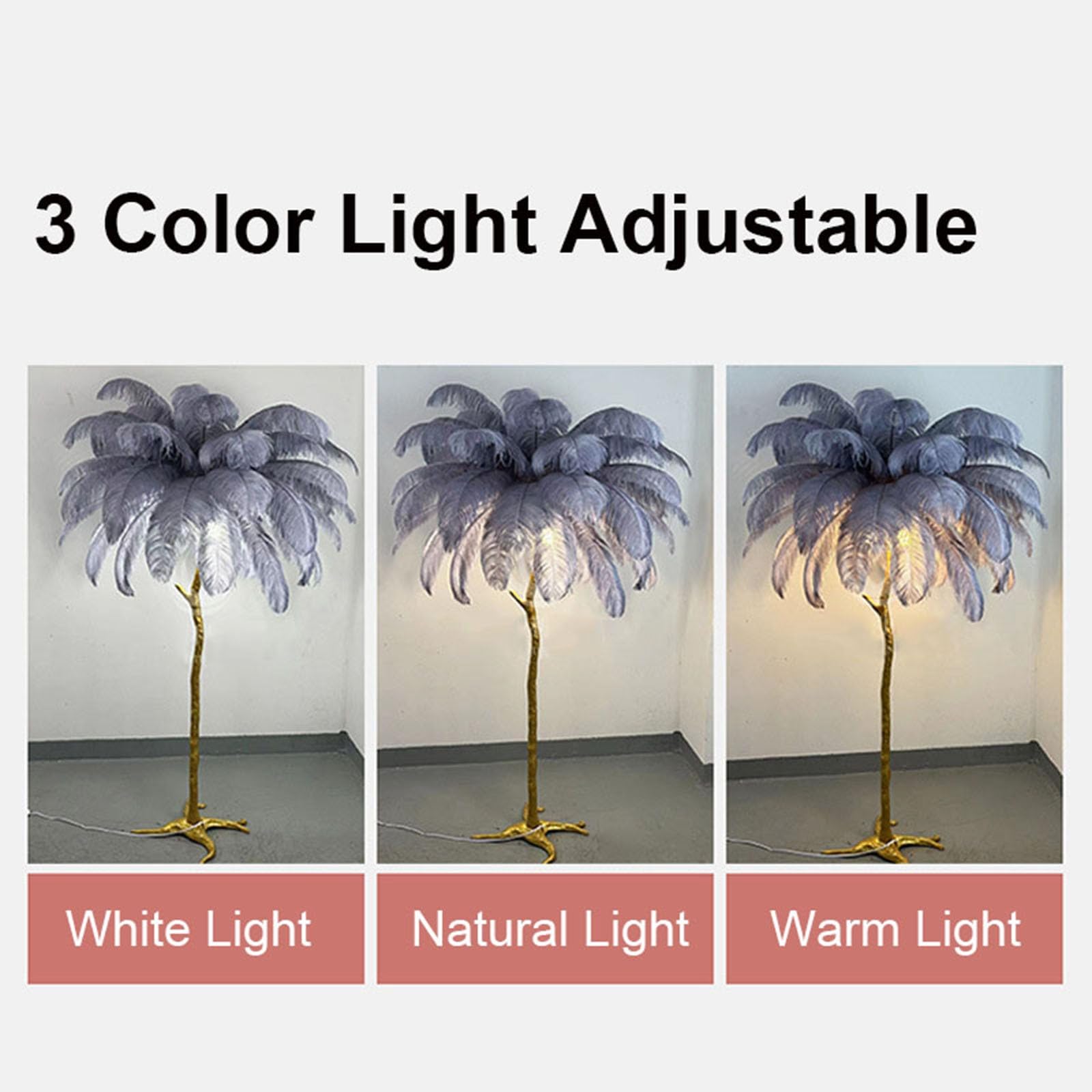 Elegante lampada da terra moderna con 35 piume di struzzo naturali, illuminazione a LED regolabile in 3 colori, interruttore a pedale, ideale per camere da letto e soggiorni (cammello 90 x A 150 cm)