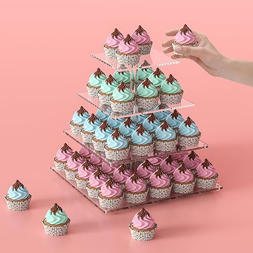 Miniatura 5 de Soporte de acrílico de 4 niveles para 50 cupcakes, torre cuadrada grande para cupcakes, soporte para taza de postre, árbol de exhibición de cupcakes