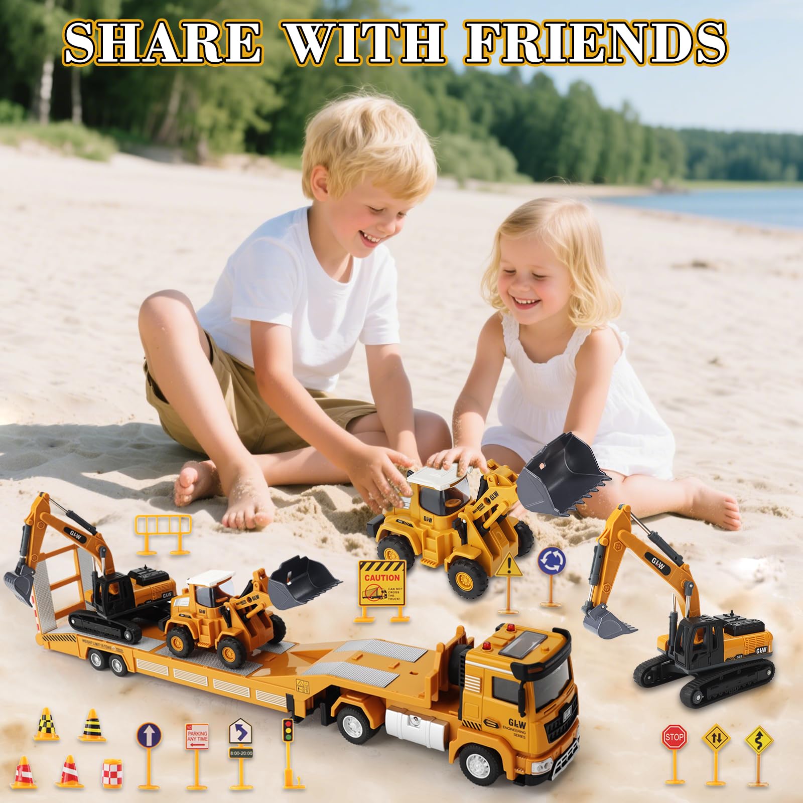 UCAMP Camion Transportador Coche de Juguete con Luces y Sonidos para Niños 3 4 5 6 7 Años, 1:40 Juguete Vehículos de Construcción con Excavadora Bulldozer, Juguetes Regalo de Cumpleaños Navidad