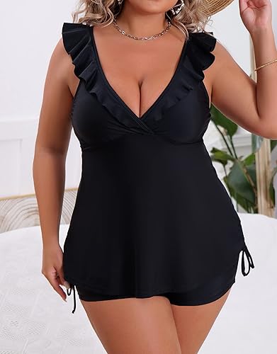 Miniatura 2 de B2prity Women's Plus Size Tankini Swimsuits Deep V Neck Ruffled Bathing Suits Two Piece Tummy Control Swimwear with Shorts