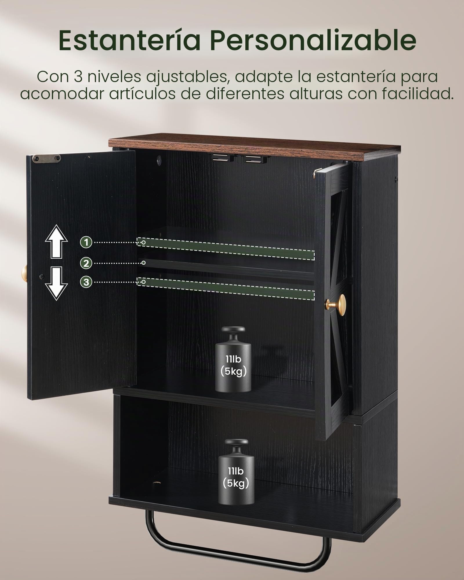 CHOEZON Mueble de Baño Colgante de 2 Puertas, Armario de Pared con Compartimento Abierto y Toallero, Botiquín, Estilo Granero, para Dormitorio, Sala de Estar, Cocina, Negro y Nogal Marrón