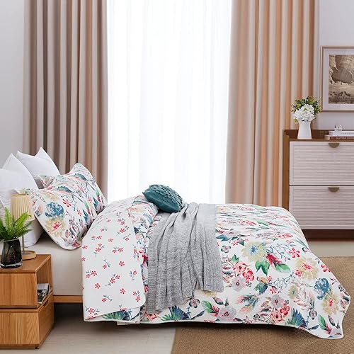Miniatura 7 de DAUAOTO Juego de edredón de algodón tamaño Queen, colcha reversible (patrón de pájaro y floral)