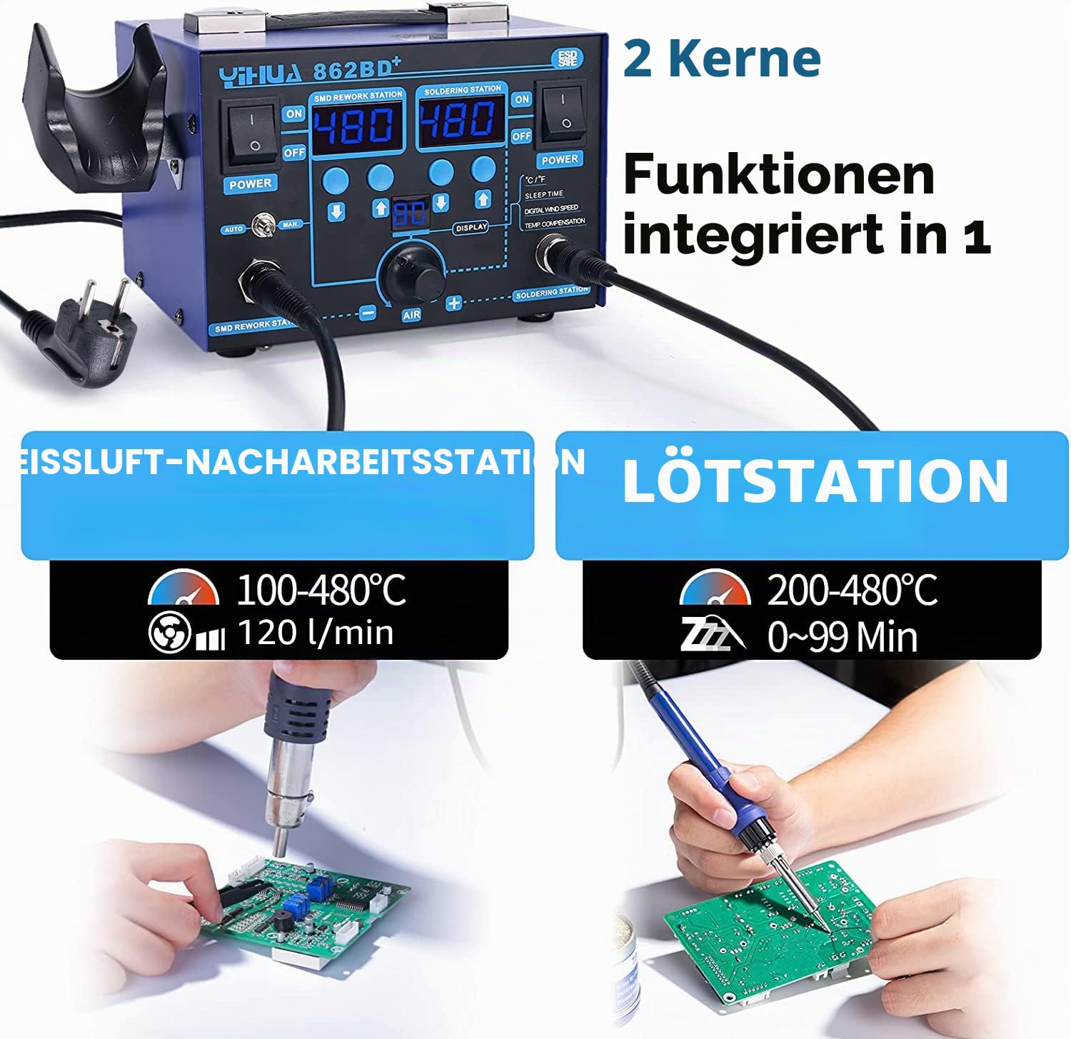 YIHUA 862BD+ SMD-Heißluft-Nachbesserungsstation und Lötstation, 2-in-1 Station mit Temperaturstabilisierungsfunktion für Elektronik, DIY-Projekten, Nachbesserungen, Reparaturen(EU PLUG)