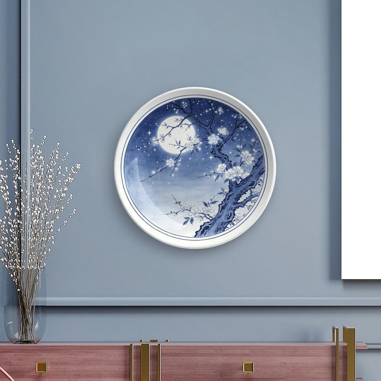 Decorative Blue White Porcelain Plate, Starry Blossom Dreamy Scene for Guest Room Bone China Decorative Plate, 7inch Wall Art Home Decor