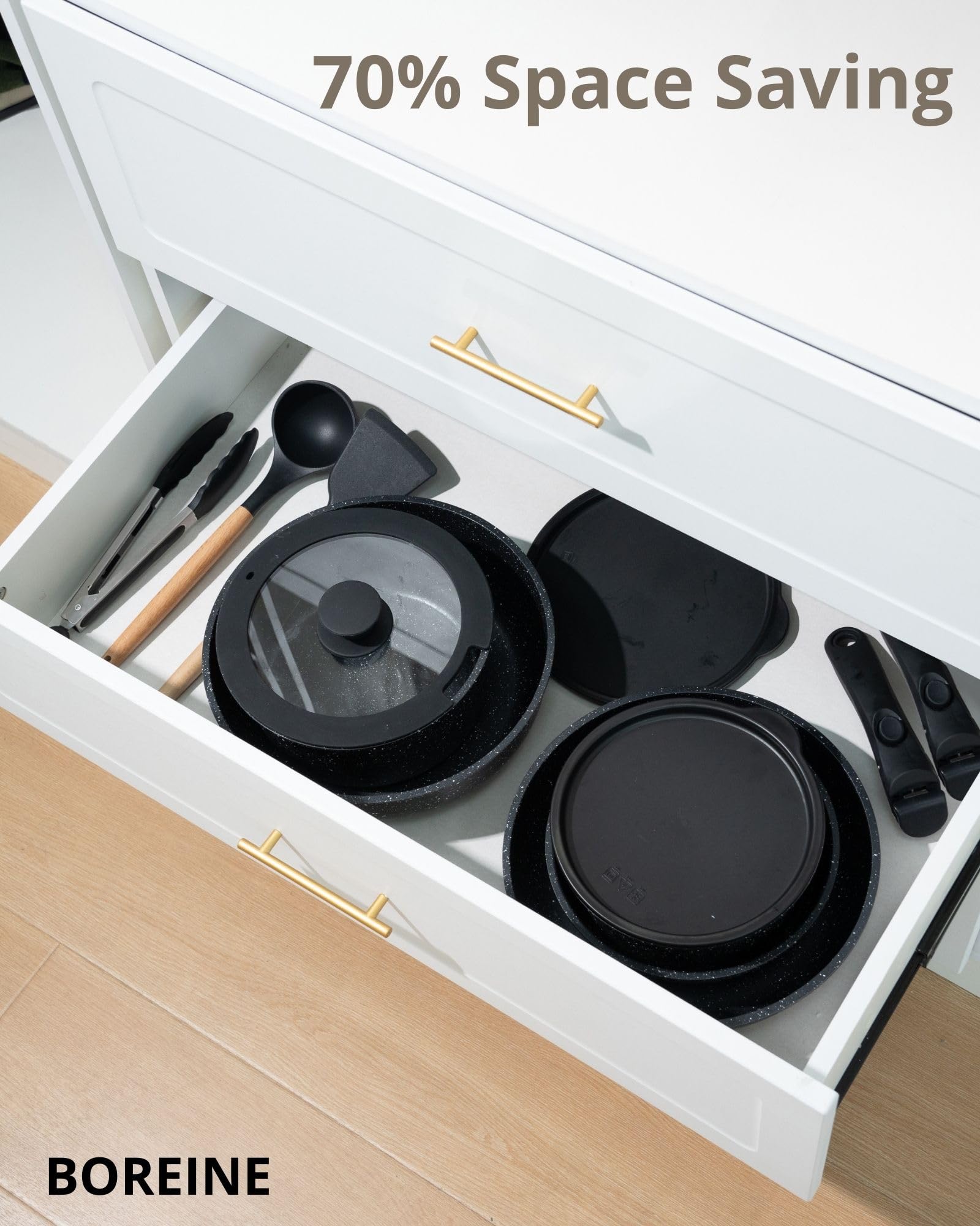 BOREINE Set di Pentole e Padelle 14 Pezzi, Batteria Pentole Antiaderente Senza PFOA e PTFE, Manico Removibile, Compatibile Induzione, Gas, Forno e Tutti i Piani Cottura, Nero