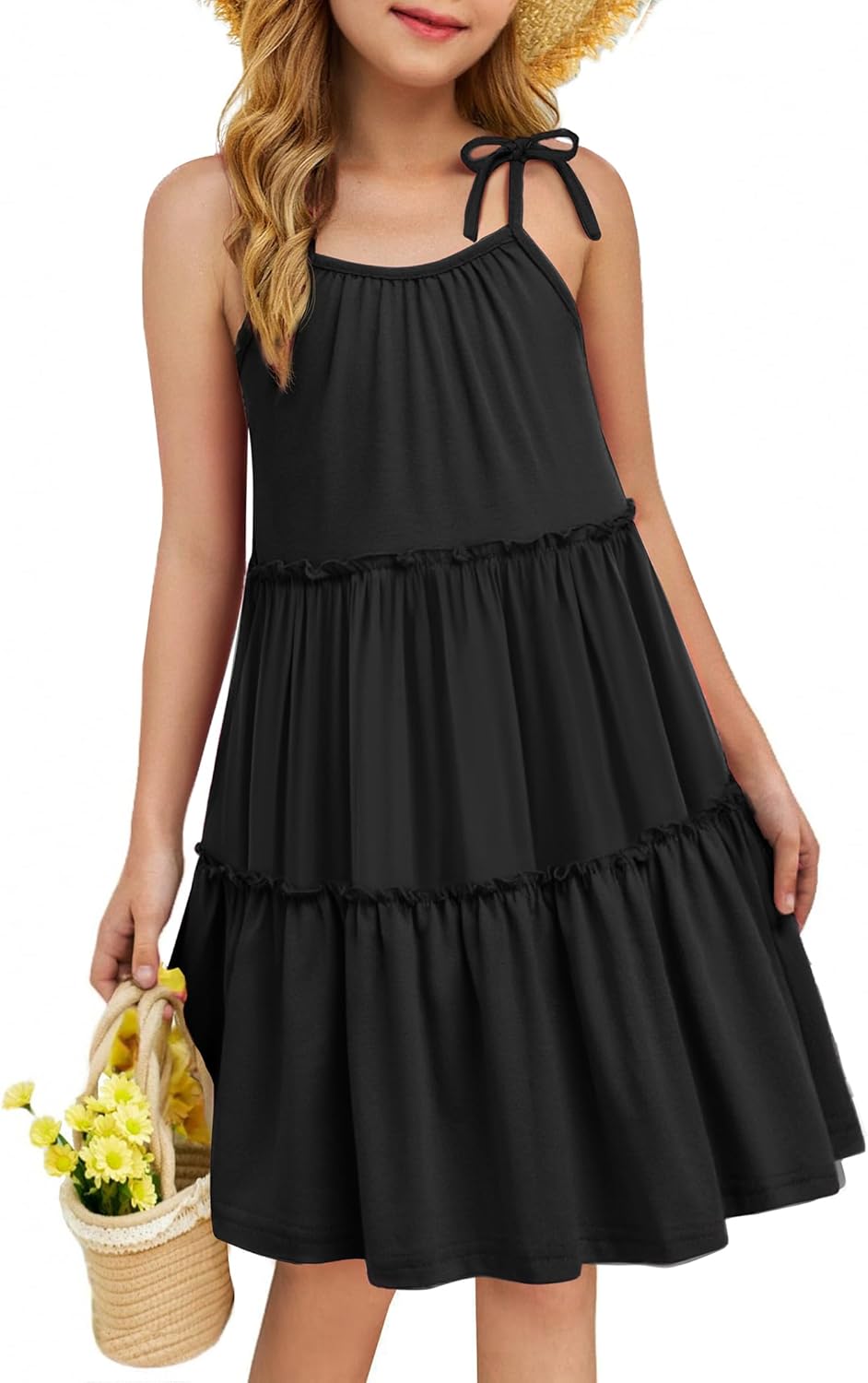 Arshiner Girl Summer Dresses Tween Boho Spaghetti Strap A-Line Swing Flowy Ruffle Tiered Sundress with Pockets