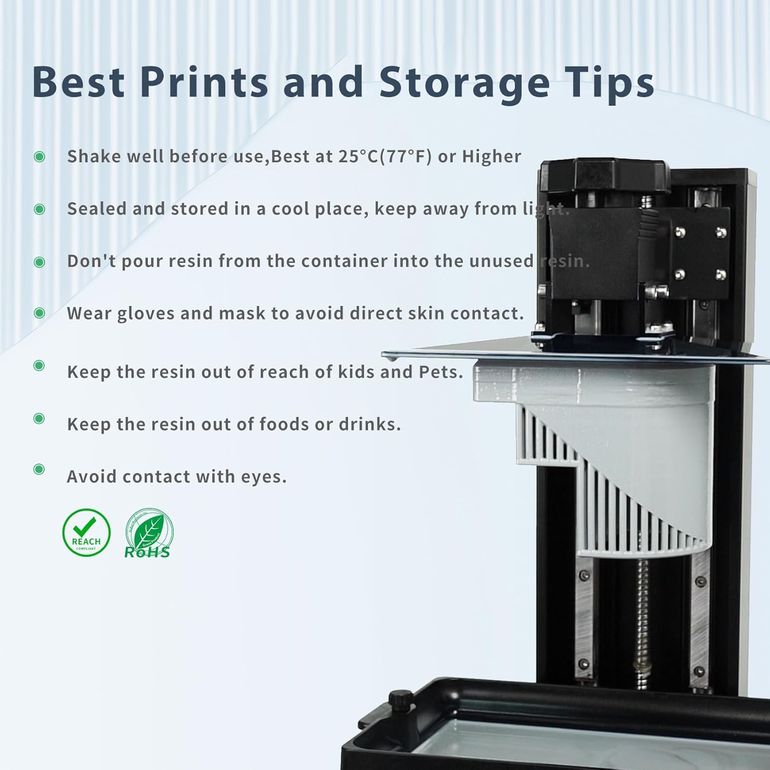 Image showing a 3D printer vat with text overlay providing best print and storage tips, including safety warnings like wearing gloves and keeping out of reach of children.
