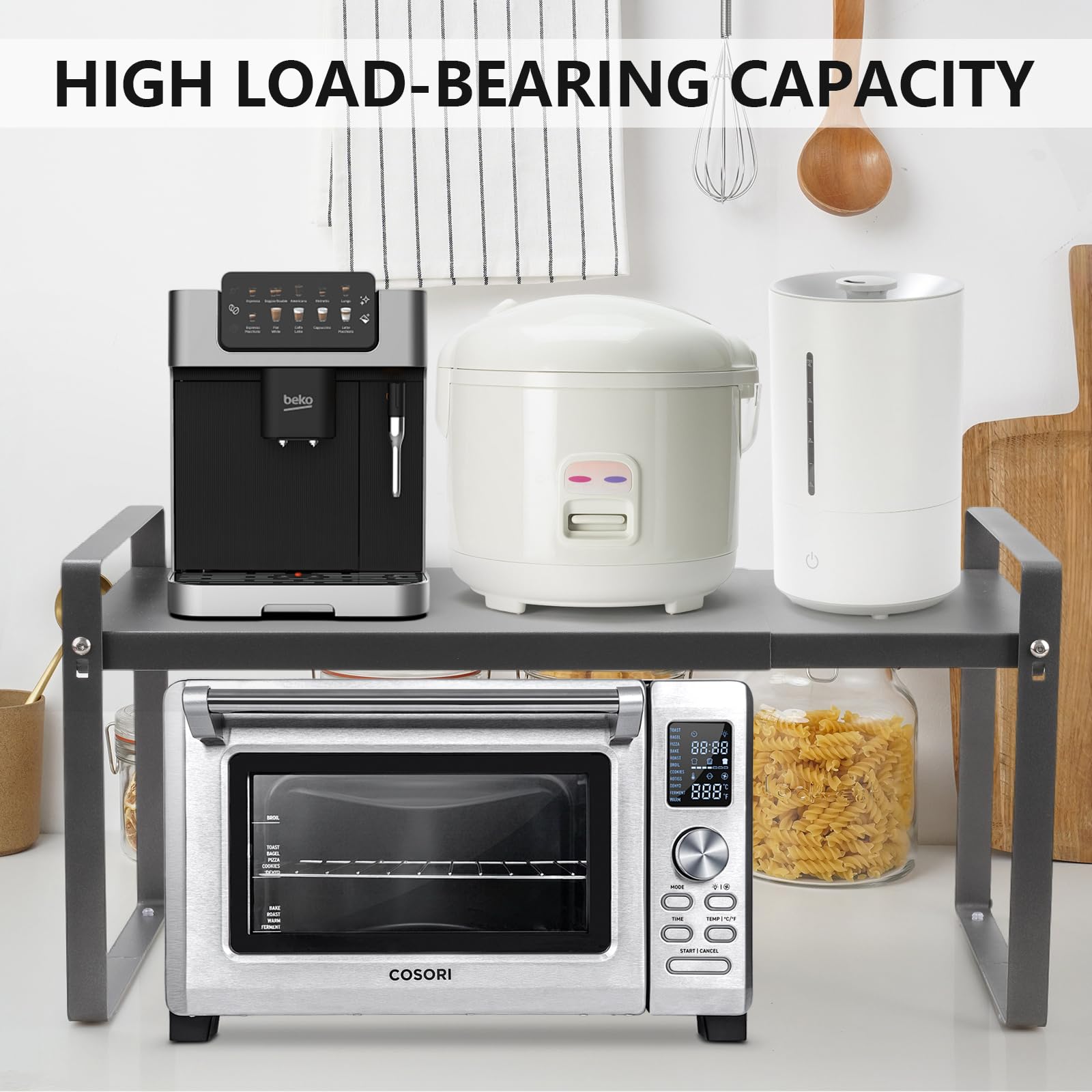 Cozary Scaffale da Cucina Espandibile (37∼63cm), Mensole da Cucina per Stoviglie, Metallo Scaffale Cucina, per Utensili, Snack o Libri, Più Spazio di Appoggio, per Cucina, Banconi, Dispensa, Grigio