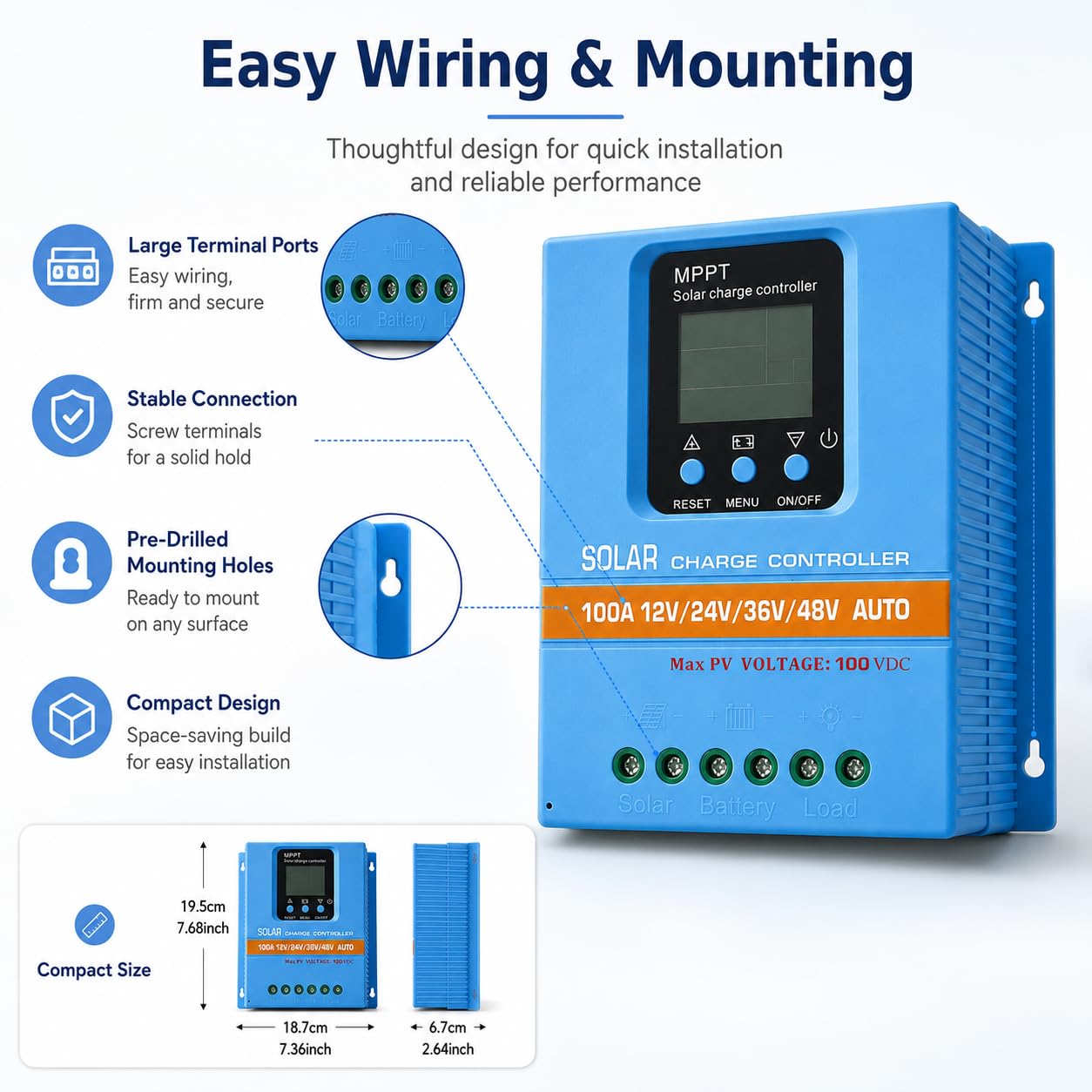80A MPPT - Regulador de carga solar (12 V, 24 V, 36 V, 48 V, con pantalla LCD, para baterías de plomo de litio) | Detección automática, montaje compacto en pared, datos claros en tiempo real