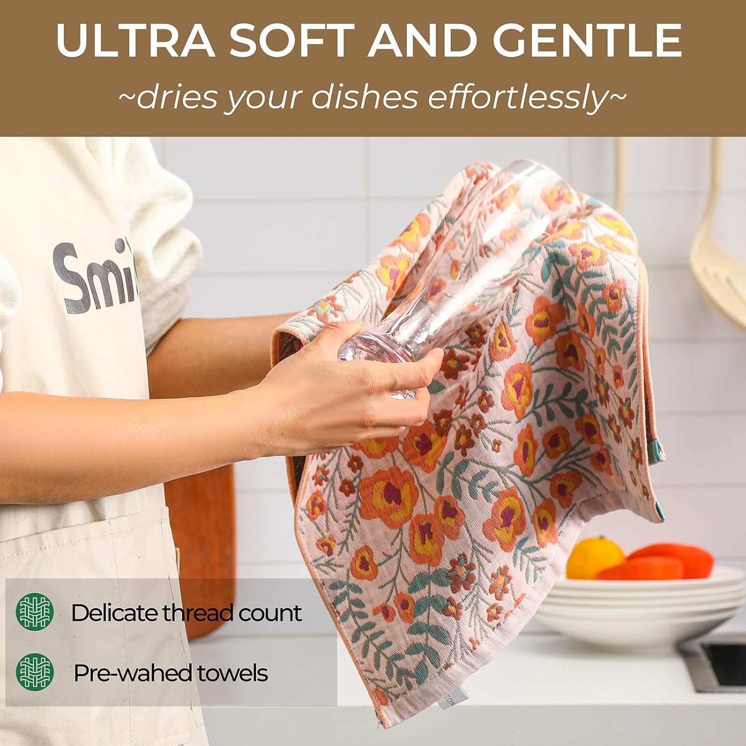 Kitchen Dish Towels for Drying 100% Cotton Set of 4, Ultra Absorbent Quick Drying Thick Reusable Cleaning Decorative Tea Towels with Hanging Loop,Reversible Boho Pretty Hand Towels,Floral - Image 5